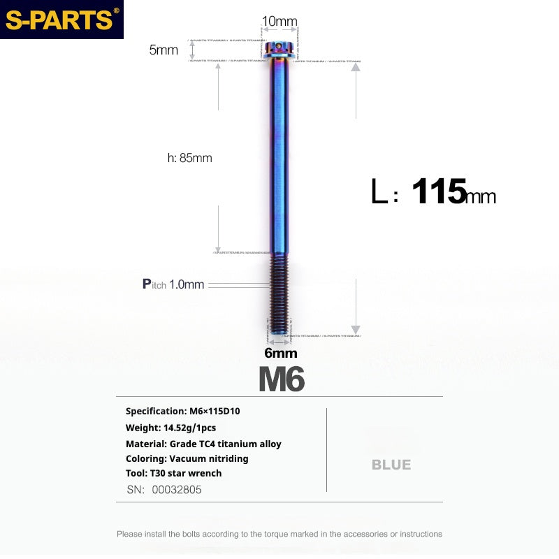 SPARTS Série A3 M6 L08-120 mm Vis en titane bleu pour moto et auto