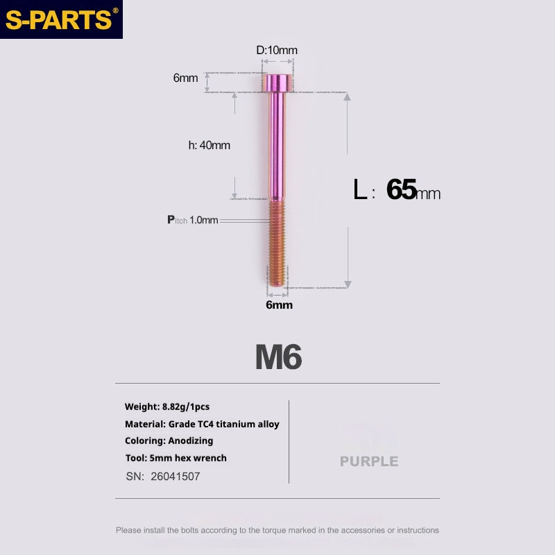 S-PARTS M6x30/40/35/50/60/70 Coperchio cuffia Pinza freno a disco Vite testa stelo in lega di titanio