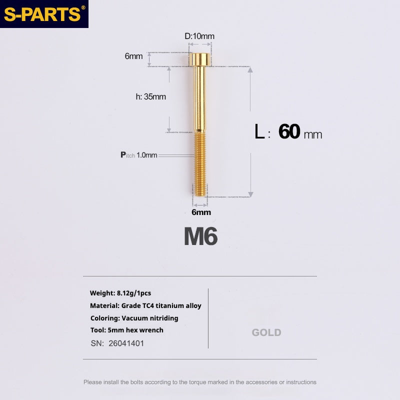 S-PARTS M6x30/40/35/50/60/70 Coperchio cuffia Pinza freno a disco Vite testa stelo in lega di titanio