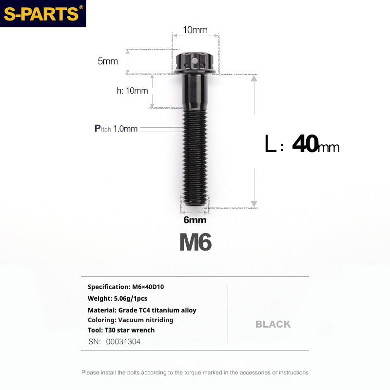 SPARTS Série A3 M6 L08-120mm Vis en titane noir pour moto et auto