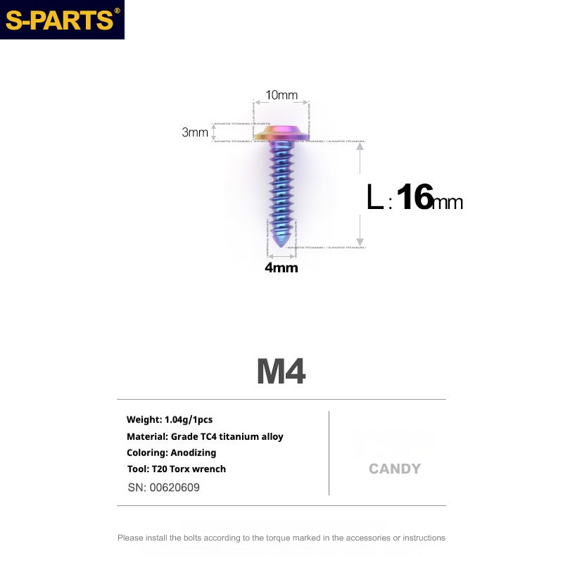 SPARTS A3 Cabeça Guarda-chuva Parafuso Autoatarraxante Série M4 L12-20mm D10 Titânio para Moto e Automóvel
