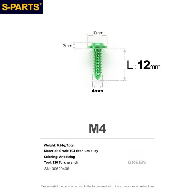 SPARTS A3 Cabeça Guarda-chuva Parafuso Autoatarraxante Série M4 L12-20mm D10 Titânio para Moto e Automóvel