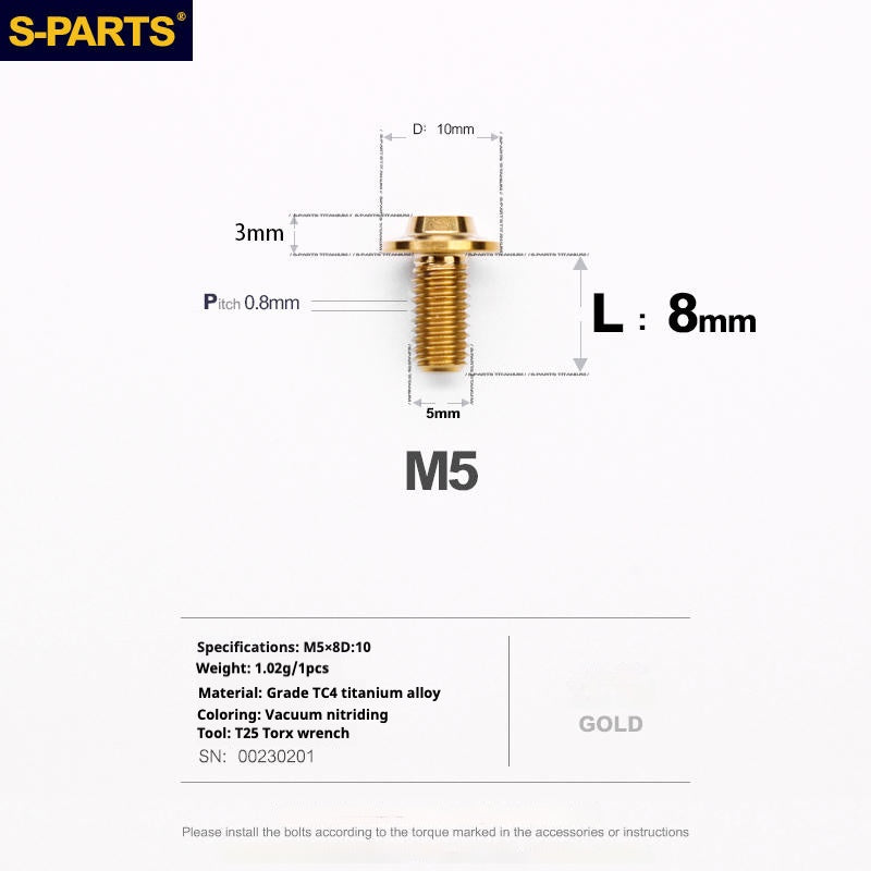 Vite in titanio per motocicletta elettrica S-PARTS A3 con testa a ombrello M5 L06-55mm D10