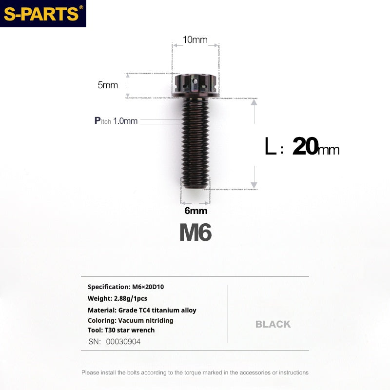 SPARTS Série A3 M6 L08-120mm Vis en titane noir pour moto et auto