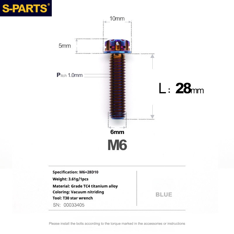 SPARTS Série A3 M6 L08-120 mm Vis en titane bleu pour moto et auto