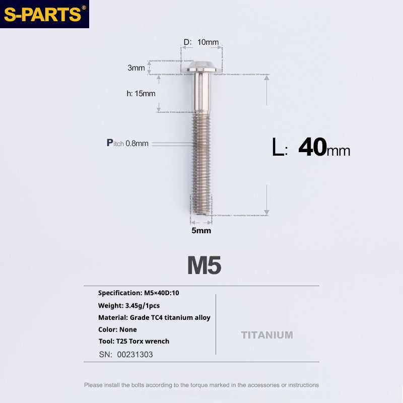 Vite in titanio per motocicletta elettrica S-PARTS A3 con testa a ombrello M5 L06-55mm D10