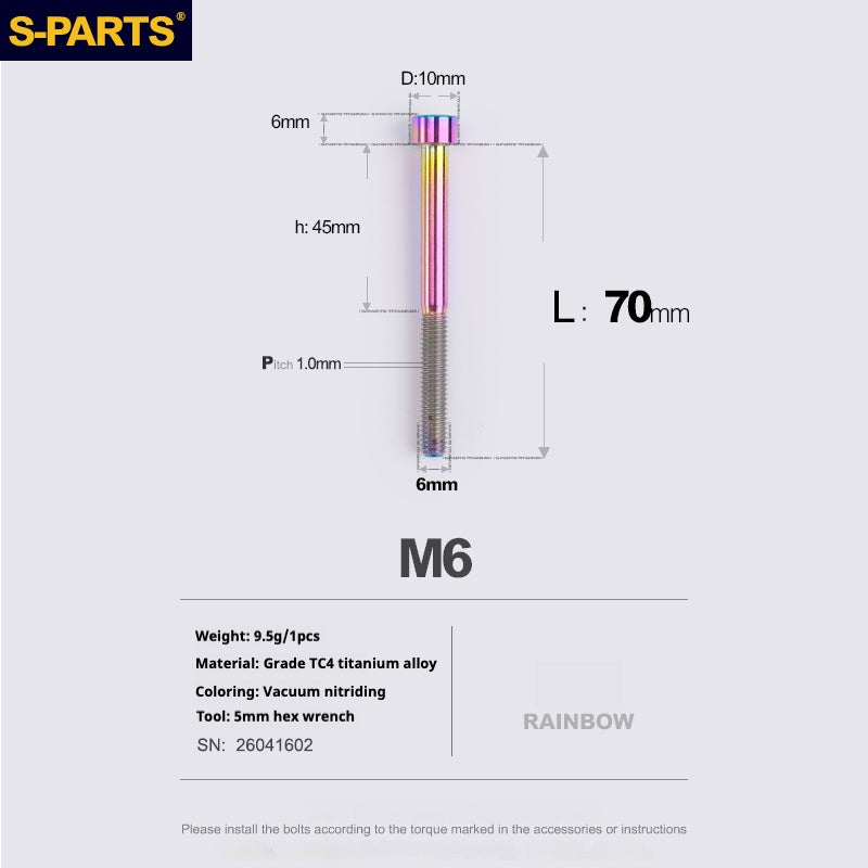 S-PARTS M6x30/40/35/50/60/70 Coperchio cuffia Pinza freno a disco Vite testa stelo in lega di titanio