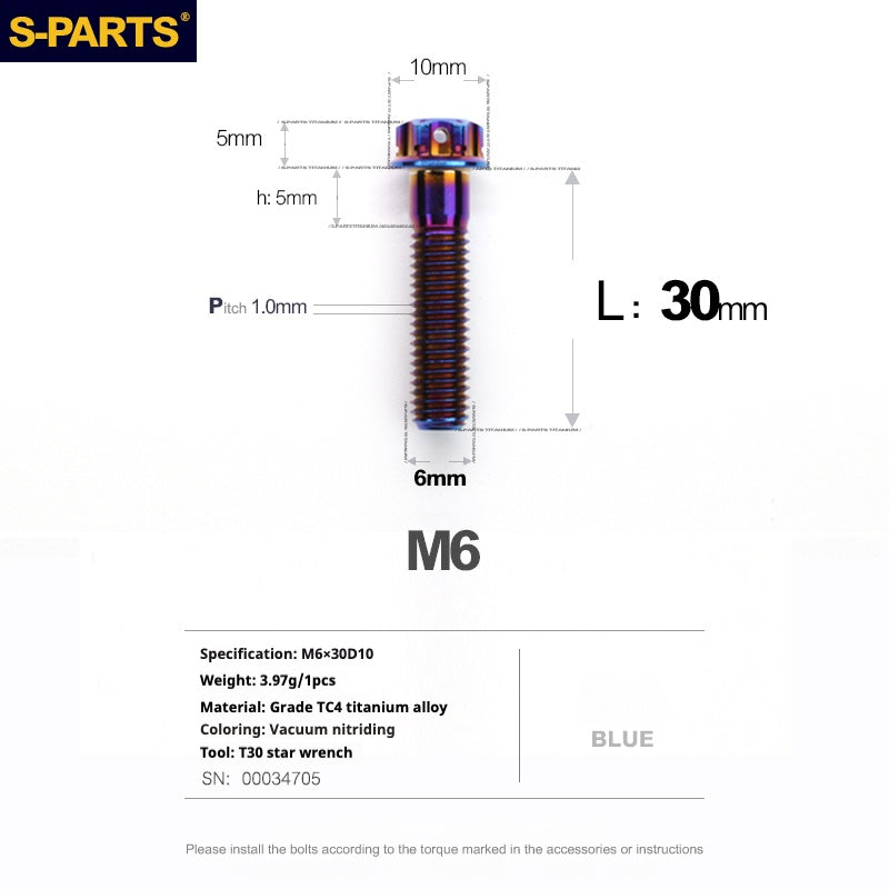 SPARTS Série A3 M6 L08-120 mm Vis en titane bleu pour moto et auto