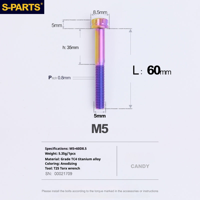 SPARTS Parafusos de Titânio Coloridos Candy Série A3 M5 L06-95mm para Motocicleta/Automóvel