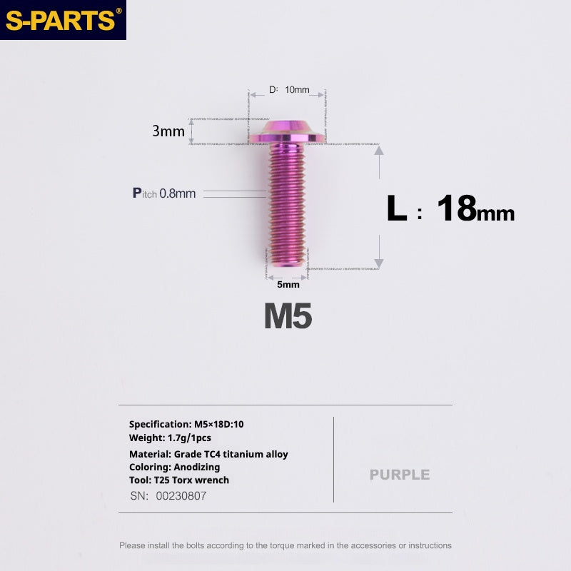Vite in titanio per motocicletta elettrica S-PARTS A3 con testa a ombrello M5 L06-55mm D10