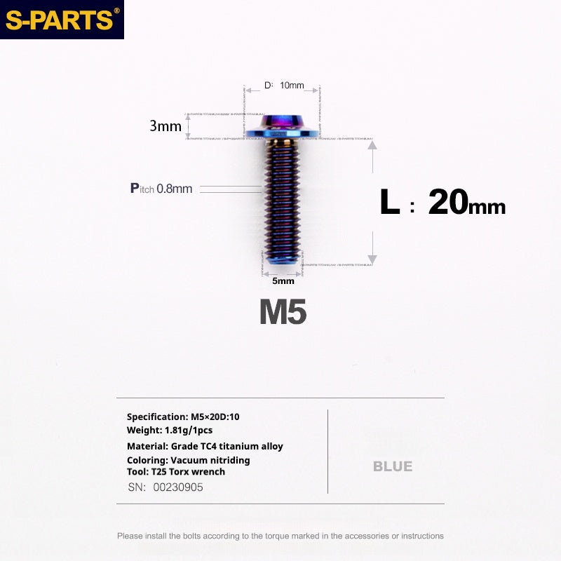 Vite in titanio per motocicletta elettrica S-PARTS A3 con testa a ombrello M5 L06-55mm D10