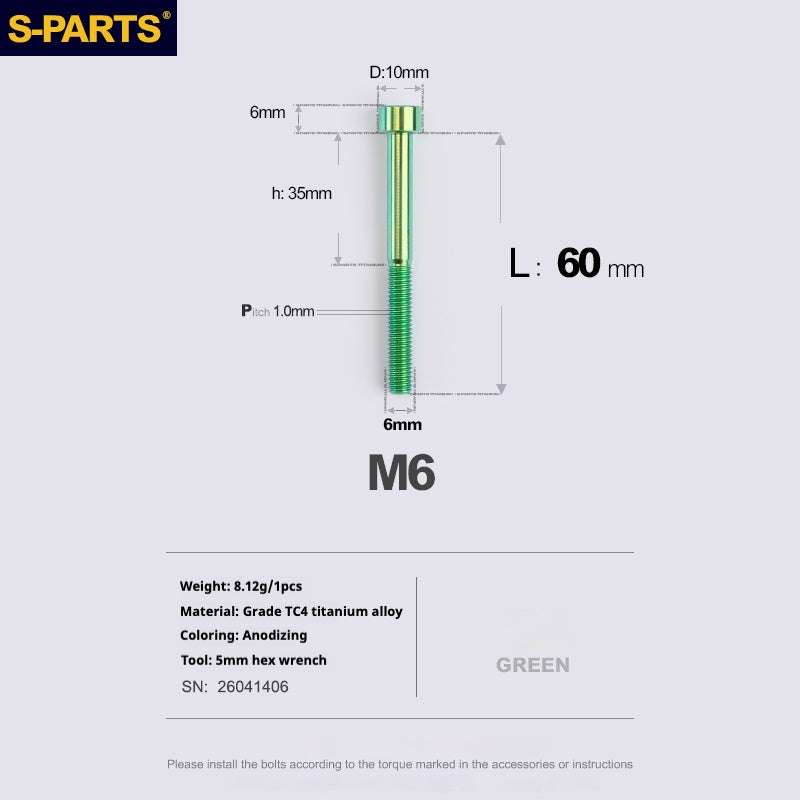 S-PARTS M6x30/40/35/50/60/70 Coperchio cuffia Pinza freno a disco Vite testa stelo in lega di titanio