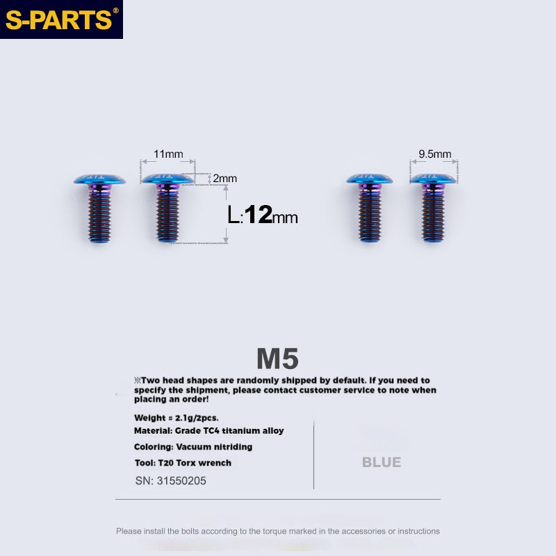 S-PARTS Parafusos para Suporte de Garrafa em Liga de Titânio - Ultra-leves, Ocos, Cabeça Chata, Grande Diâmetro para Bikes de Estrada, Montanha e Dobráveis