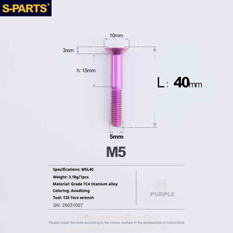 Parafusos de Titânio SPARTS Série Cabeça Escareada M5 L06-55mm