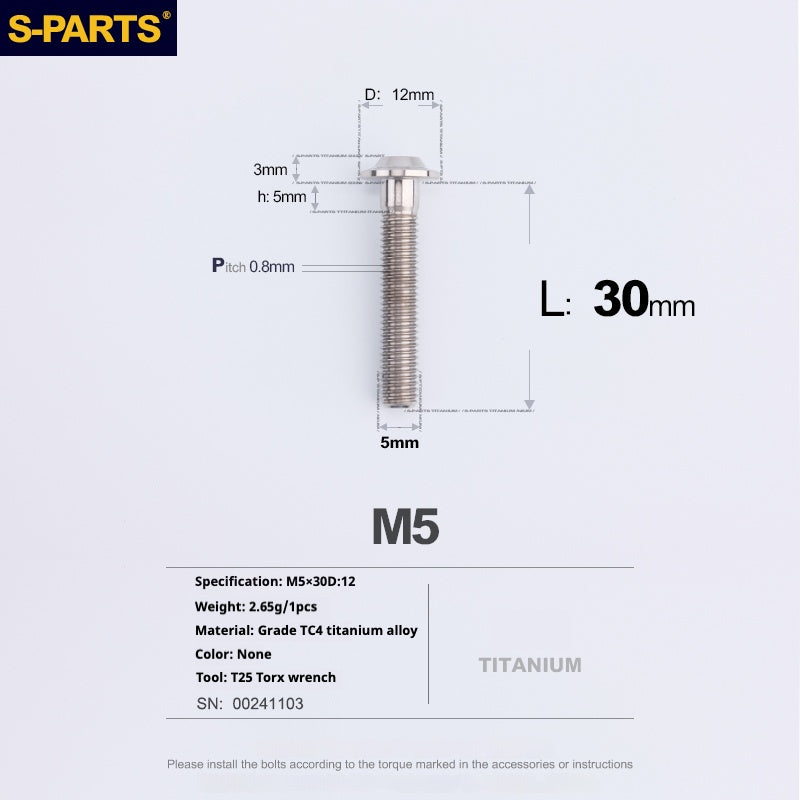 S-PARTS M5 10-30MM Motociclo Veicolo elettrico A3 Nuovo ombrello Testa D12 Vite in lega di titanio