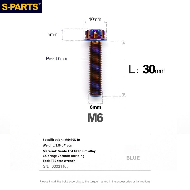 SPARTS Série A3 M6 L08-120 mm Vis en titane bleu pour moto et auto
