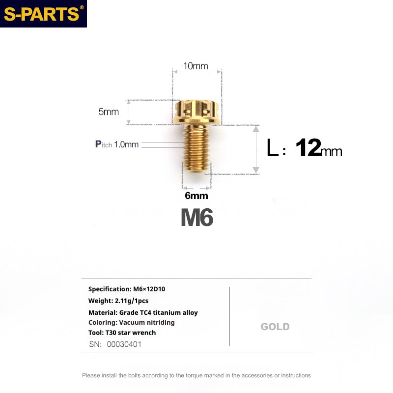 SPARTS A3 Serie M6 L08-120mm Viti in titanio dorato per motociclette Auto