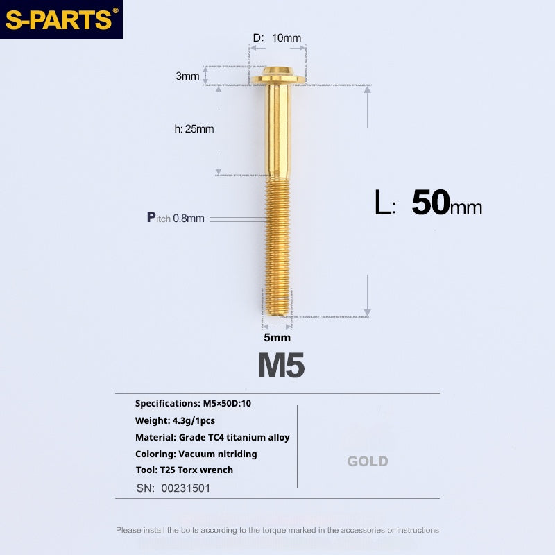 Vite in titanio per motocicletta elettrica S-PARTS A3 con testa a ombrello M5 L06-55mm D10