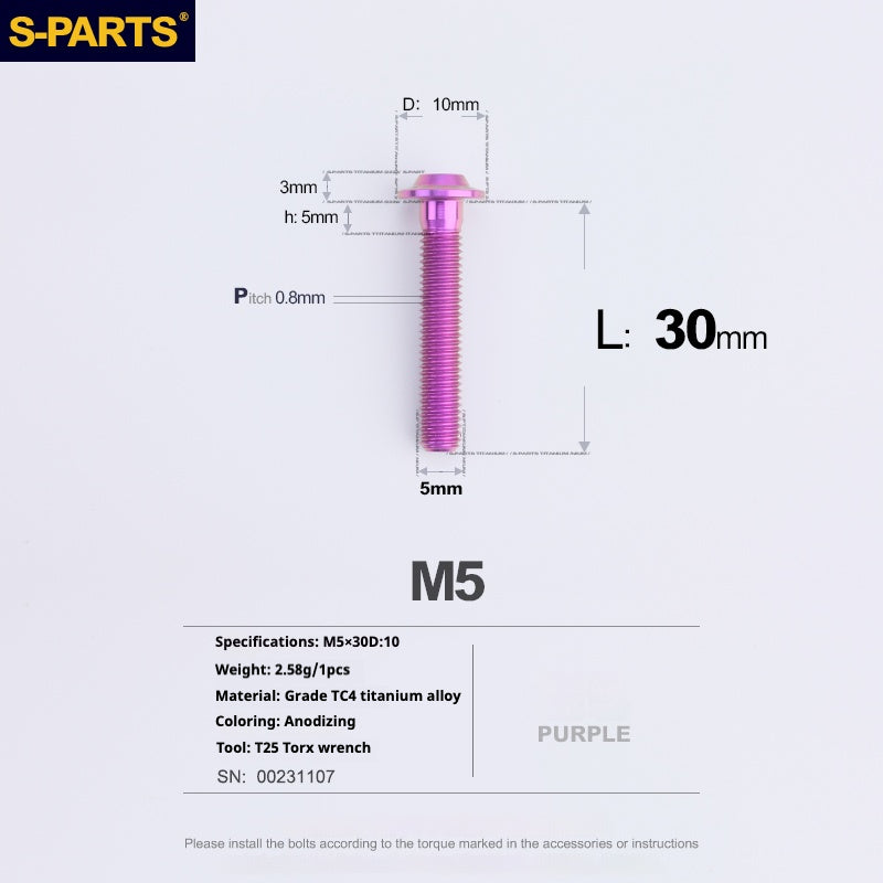 Vite in titanio per motocicletta elettrica S-PARTS A3 con testa a ombrello M5 L06-55mm D10