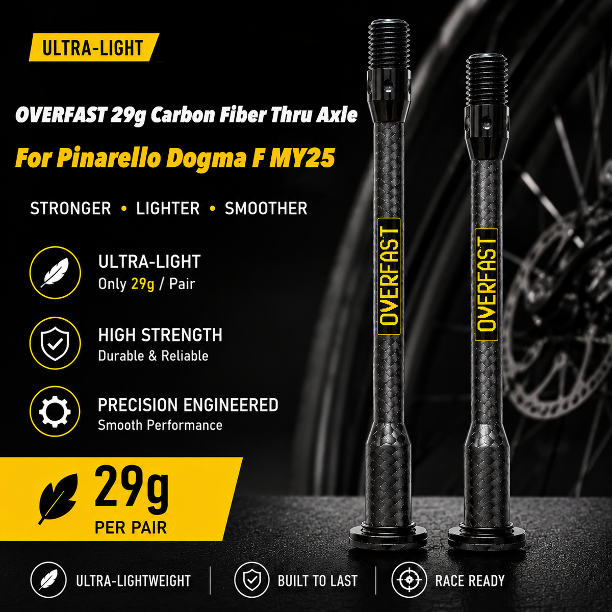 Jogo de Eixos Passantes Ultra-Leves de Fibra de Carbono OVERFAST 29g para Pinarello Dogma F MY25 | Bicicleta de Estrada com Freio a Disco