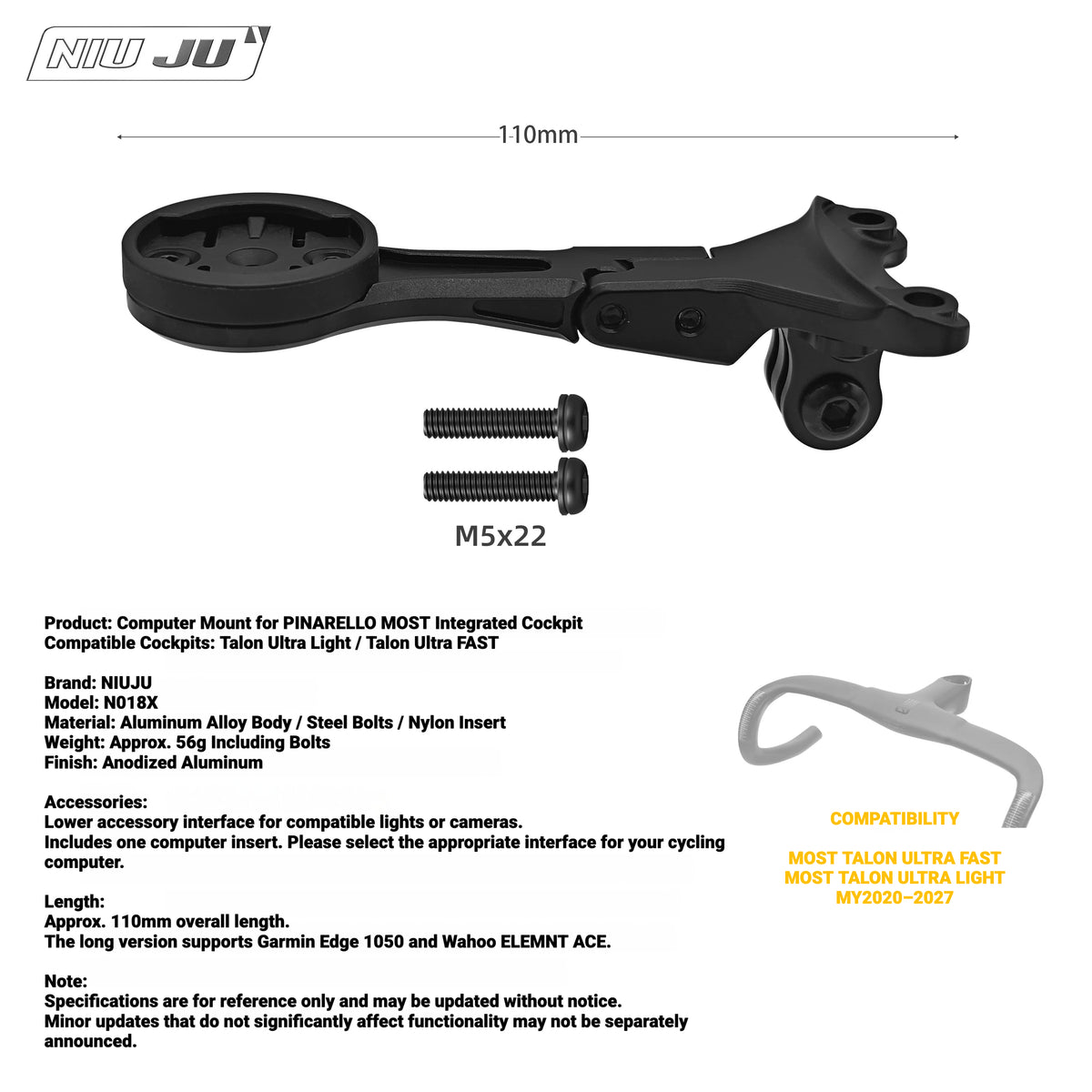 NIUJU Computer Mount for Pinarello MOST Talon Ultra Light / Ultra Fast | Garmin Edge 1050 Extended Mount