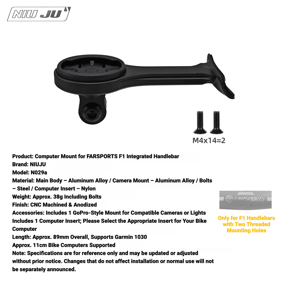 NIUJU Aluminum Computer Mount for FARSPORTS F1 Integrated Handlebar | Garmin Wahoo