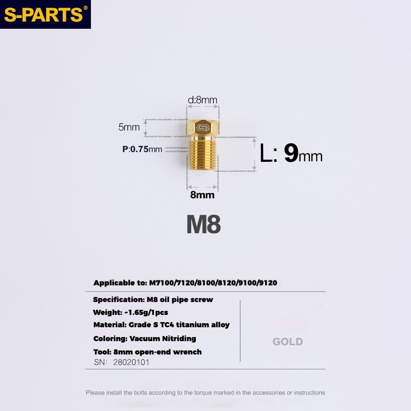 Болты для гидравлических шлангов S-PARTS Titanium для горных и шоссейных велосипедов | Совместимы с системами Shimano XTR/Ultegra/Dura-Ace и SRAM Road | Винты для масляных шлангов M8