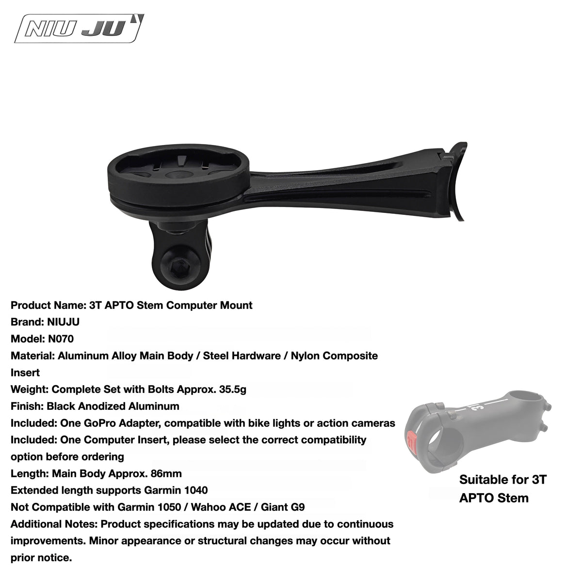 Support de compteur NIUJU 3T APTO pour BARFLY & 3T Strada ICR | Support d'extension pour Garmin, Wahoo et GoPro