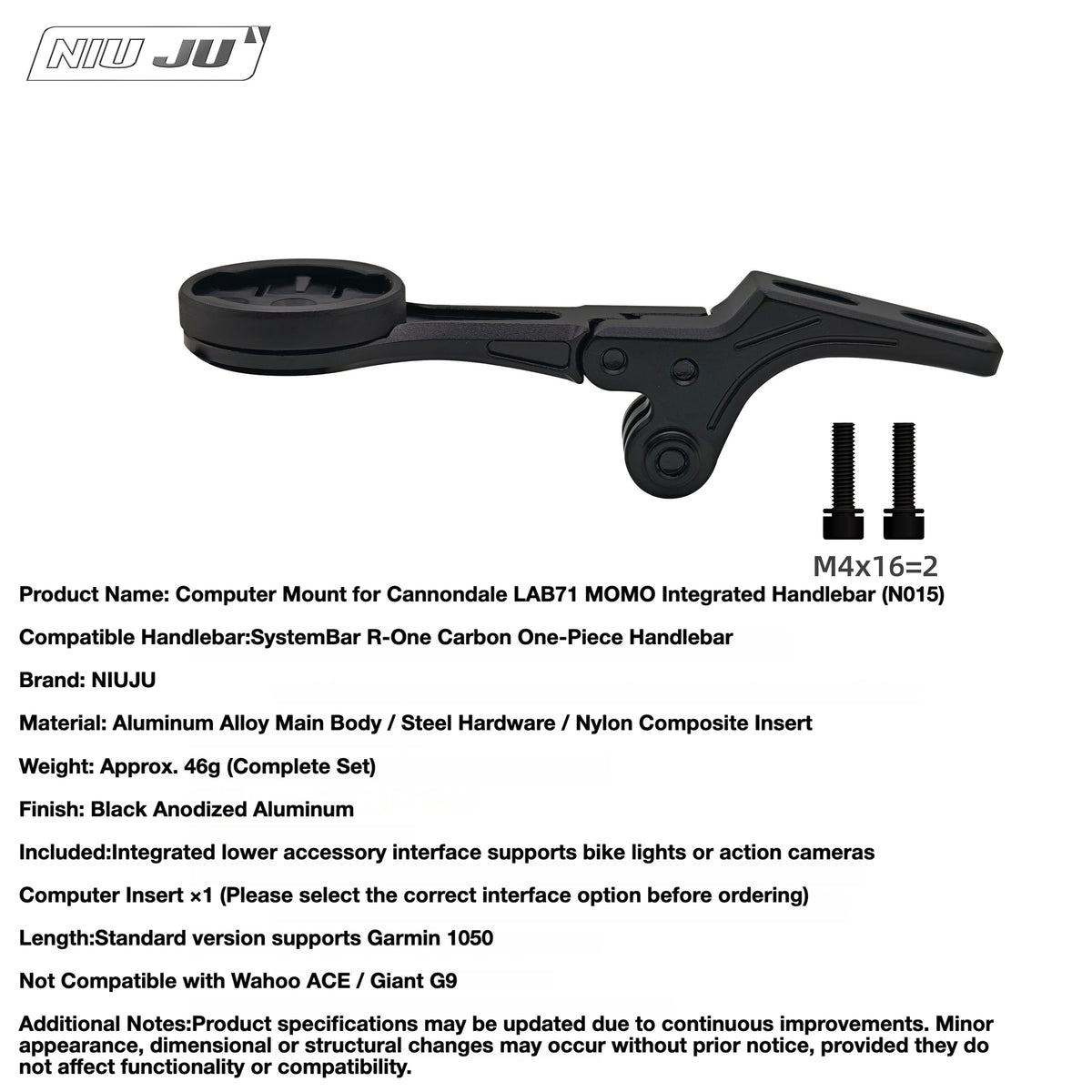 NIUJU Computer Mount for Cannondale MOMO Integrated Handlebar | LAB71 Garmin 1050 Extension Mount
