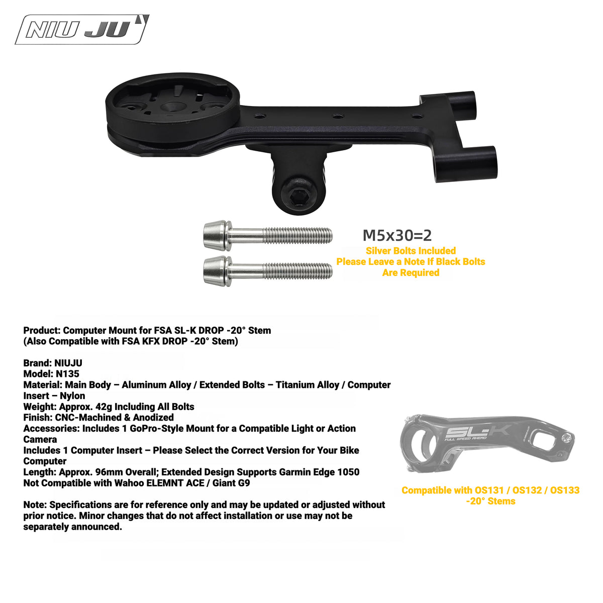 NIUJU Computer Mount for FSA SL-K DROP / KFX DROP -20° Stem | Garmin Wahoo