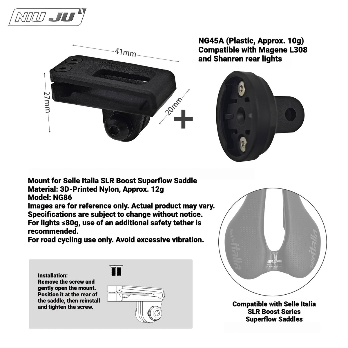 NIUJU Saddle GoPro & Rear Light Mount for Selle Italia SLR Boost Superflow | 3D Printed Nylon