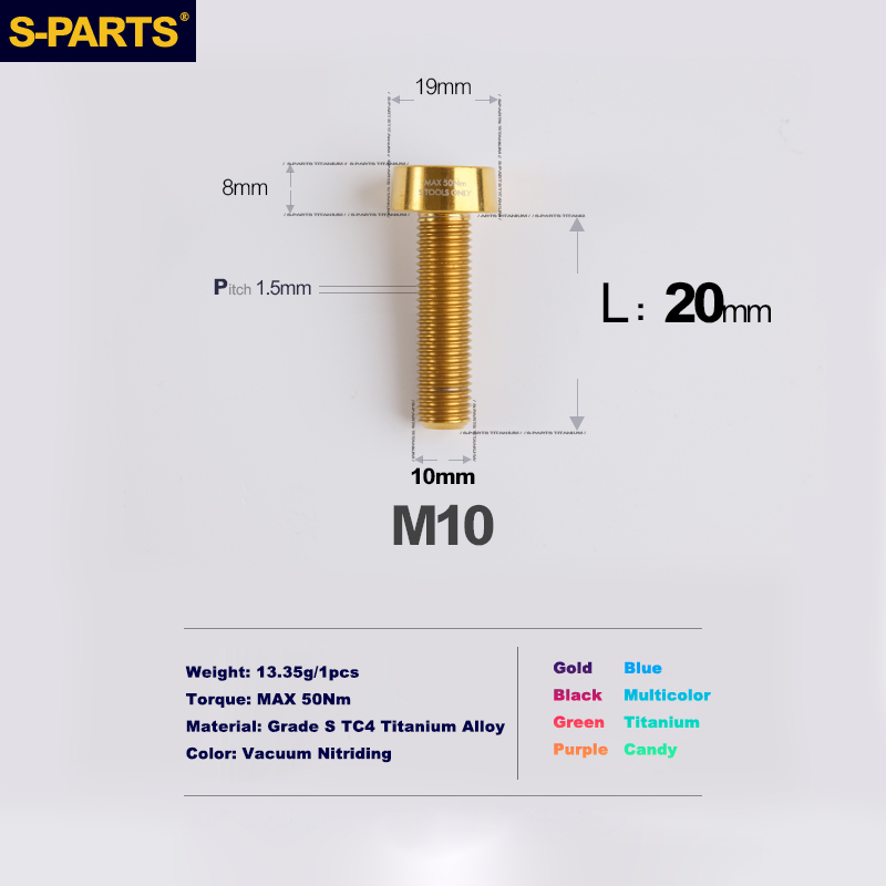 S-PARTS Vis antivol en titane M10 D19 P1.5 avec longueurs variées (L20, L25, L40, L45, L50, L55, L60, L65, L70)