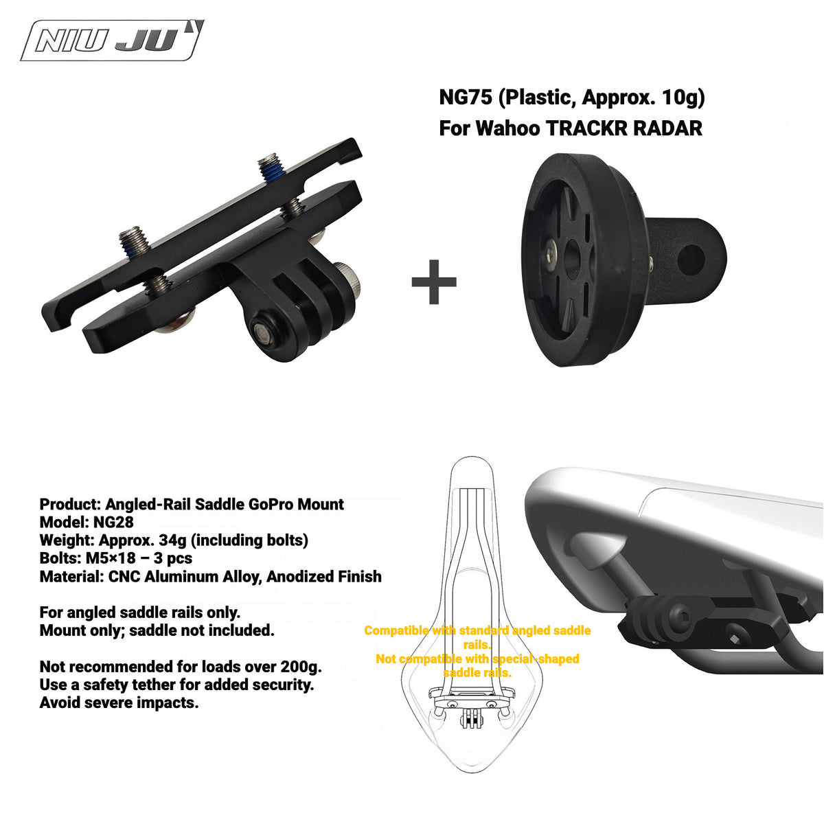 NIUJU Wahoo TRACKR RADAR Rear Light Saddle Mount | For Specialized Trek & More