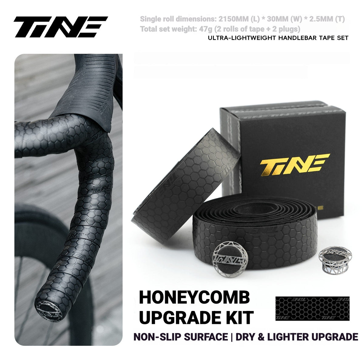 TiNE Ultra-Light Honeycomb Road Bike Handlebar Tape – Anti-Slip, Sweat Absorbing & Shock Absorbing 44g