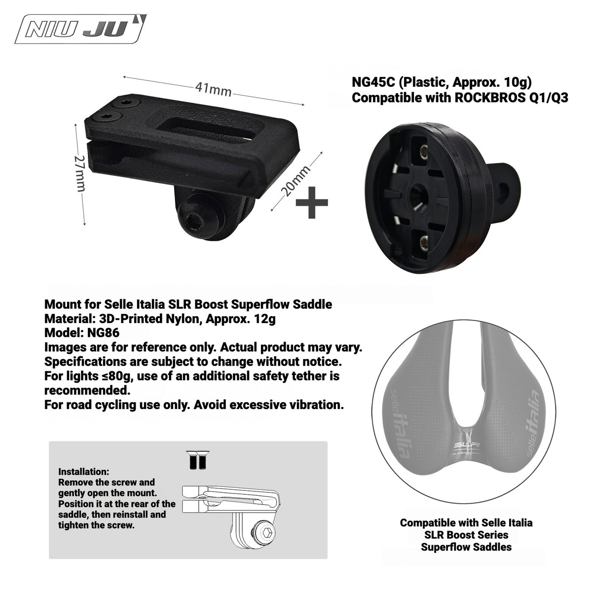 NIUJU Saddle GoPro & Rear Light Mount for Selle Italia SLR Boost Superflow | 3D Printed Nylon