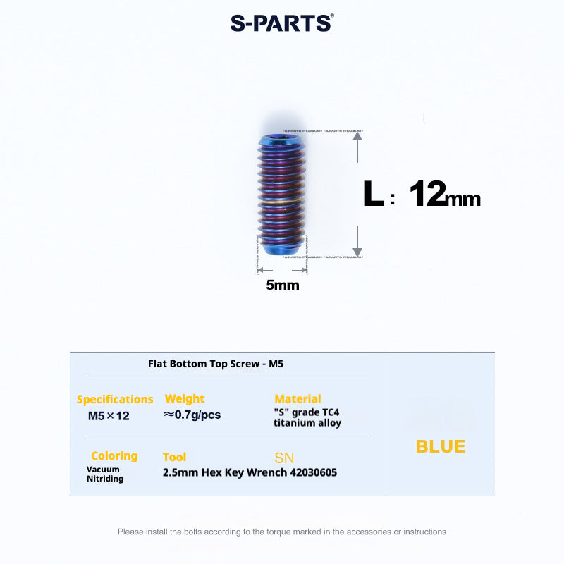 S-PARTS Titanium Set Screw M5×12 / M5×16 – Grade 5 TC4 Flat End Hex Bolt