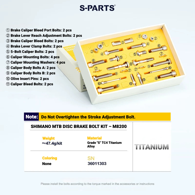 S-PARTS TC4 Titanium Bolt Kit for Shimano Deore XT M8200 / M8220 | MTB Disc Brake & Component Screws