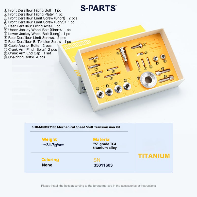 Kit de boulons en titane S-PARTS pour Shimano R7100 / R7120 mécanique – Mise à niveau de transmission 13 pièces