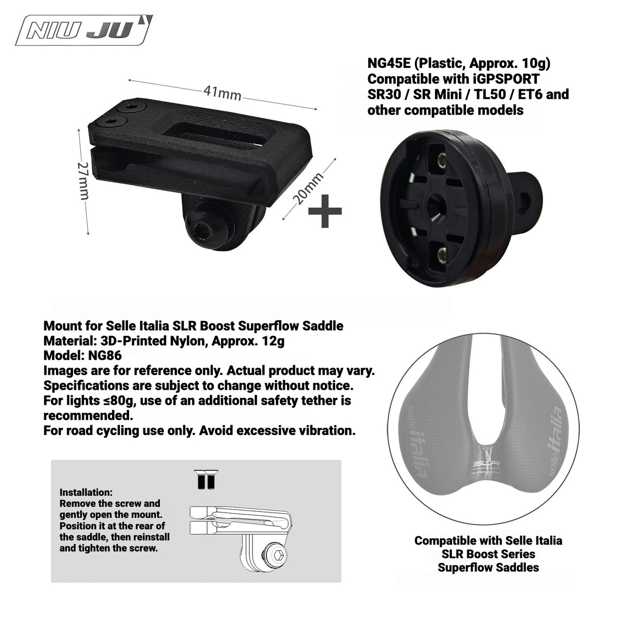 NIUJU Saddle GoPro & Rear Light Mount for Selle Italia SLR Boost Superflow | 3D Printed Nylon