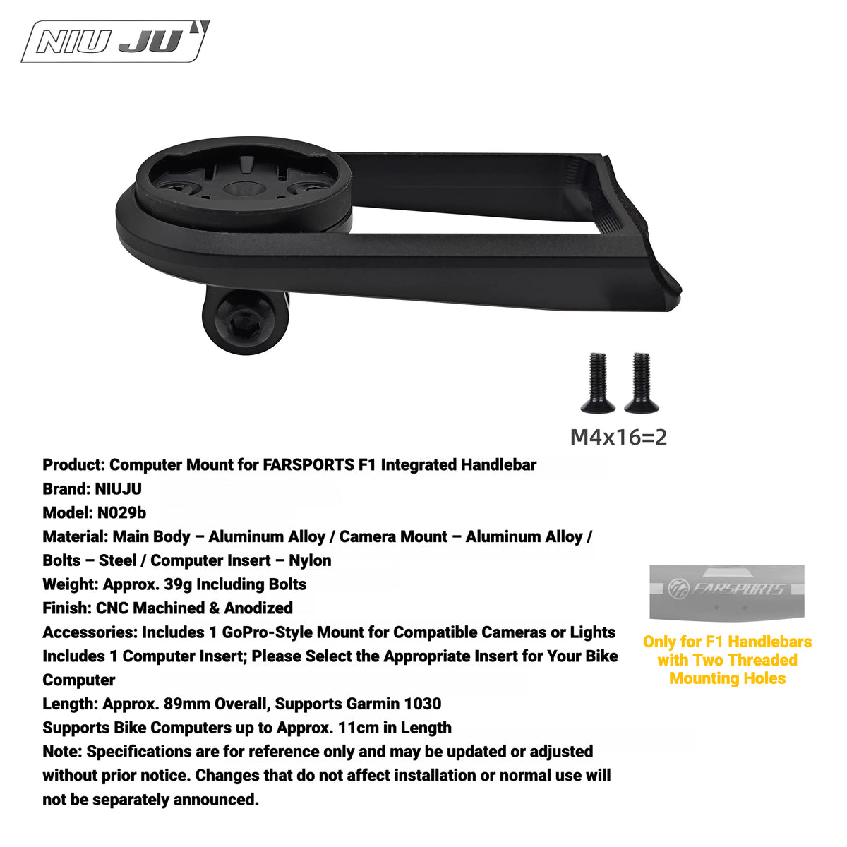 NIUJU Aluminum Computer Mount for FARSPORTS F1 Integrated Handlebar | Garmin Wahoo
