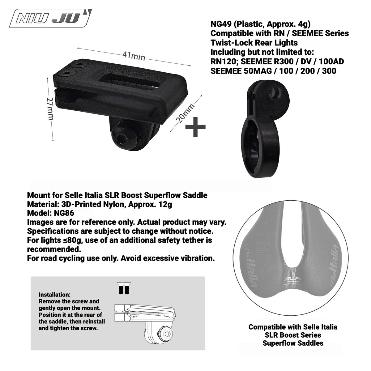 NIUJU Saddle GoPro & Rear Light Mount for Selle Italia SLR Boost Superflow | 3D Printed Nylon