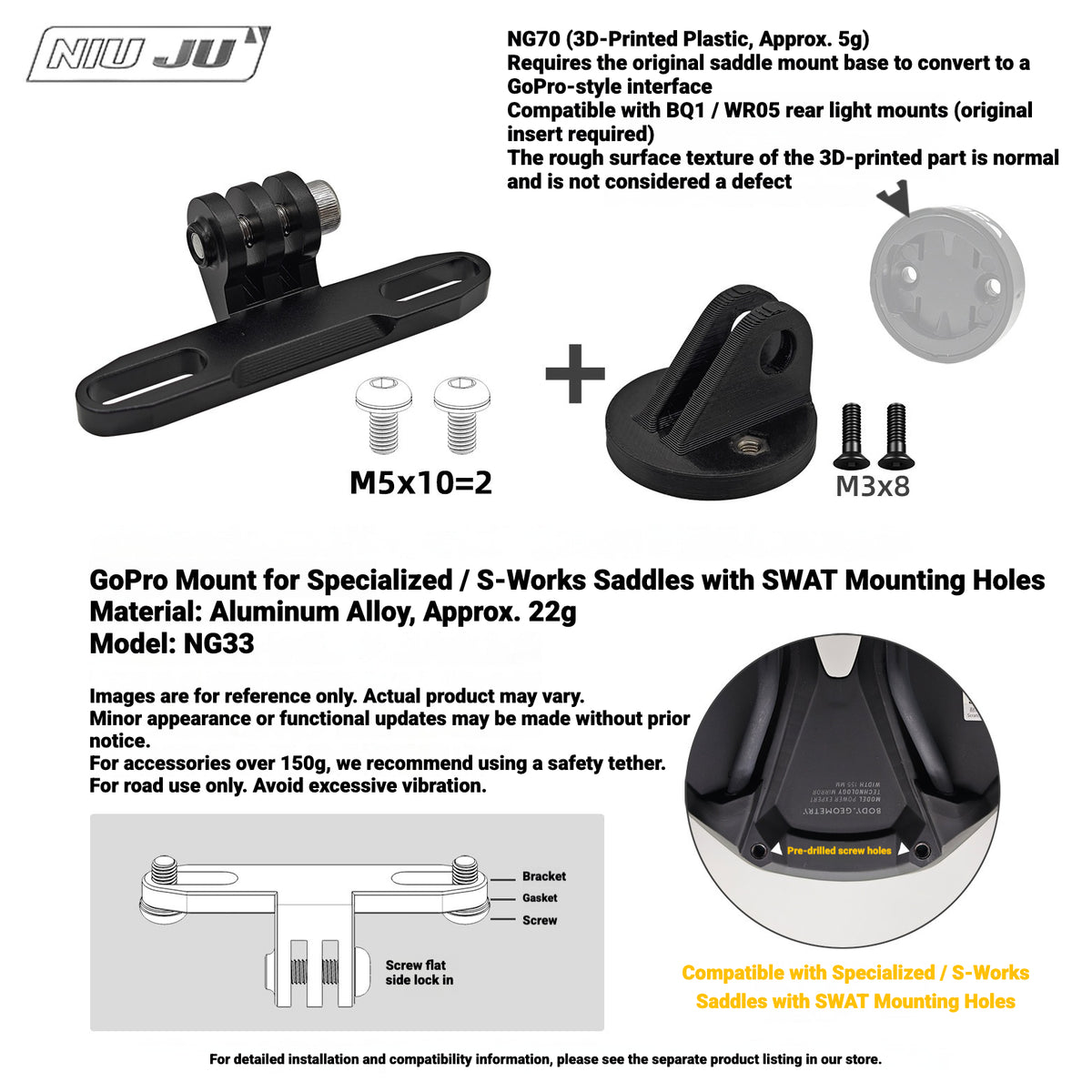NIUJU NG70 Rear Light Adapter for MEROCA BQ1 / WR05 | GoPro-Style Mount