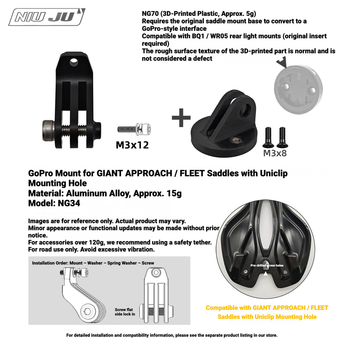 NIUJU NG70 Rear Light Adapter for MEROCA BQ1 / WR05 | GoPro-Style Mount