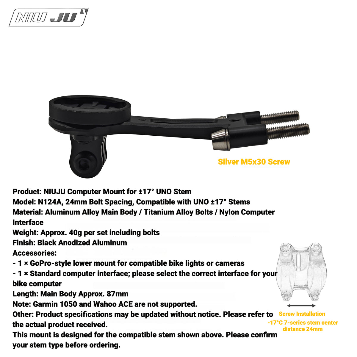 NIUJU Lightweight Computer Mount for UNO Stem | Forged Garmin Wahoo Mount