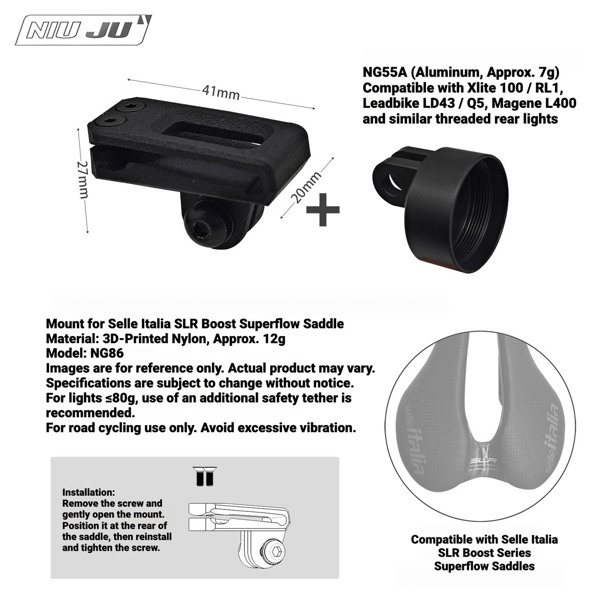 NIUJU Saddle GoPro & Rear Light Mount for Selle Italia SLR Boost Superflow | 3D Printed Nylon