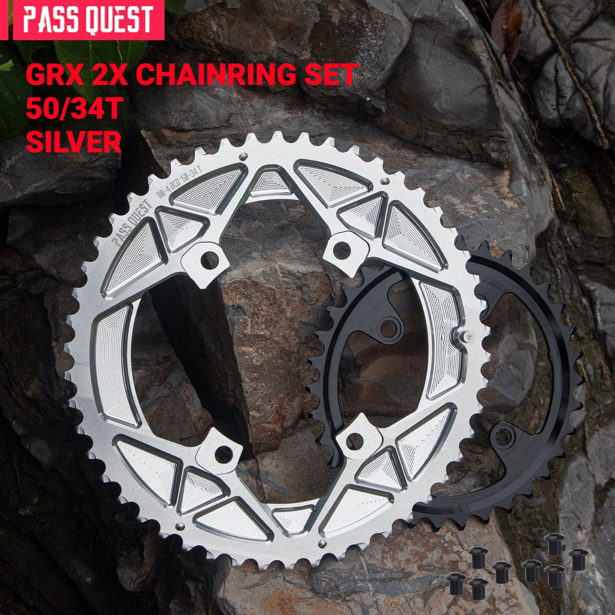 PASS QUEST 110/80BCD Chainring Set for Shimano GRX RX810 / RX820 | 2x 11/12-Speed 44/28T–52/36T