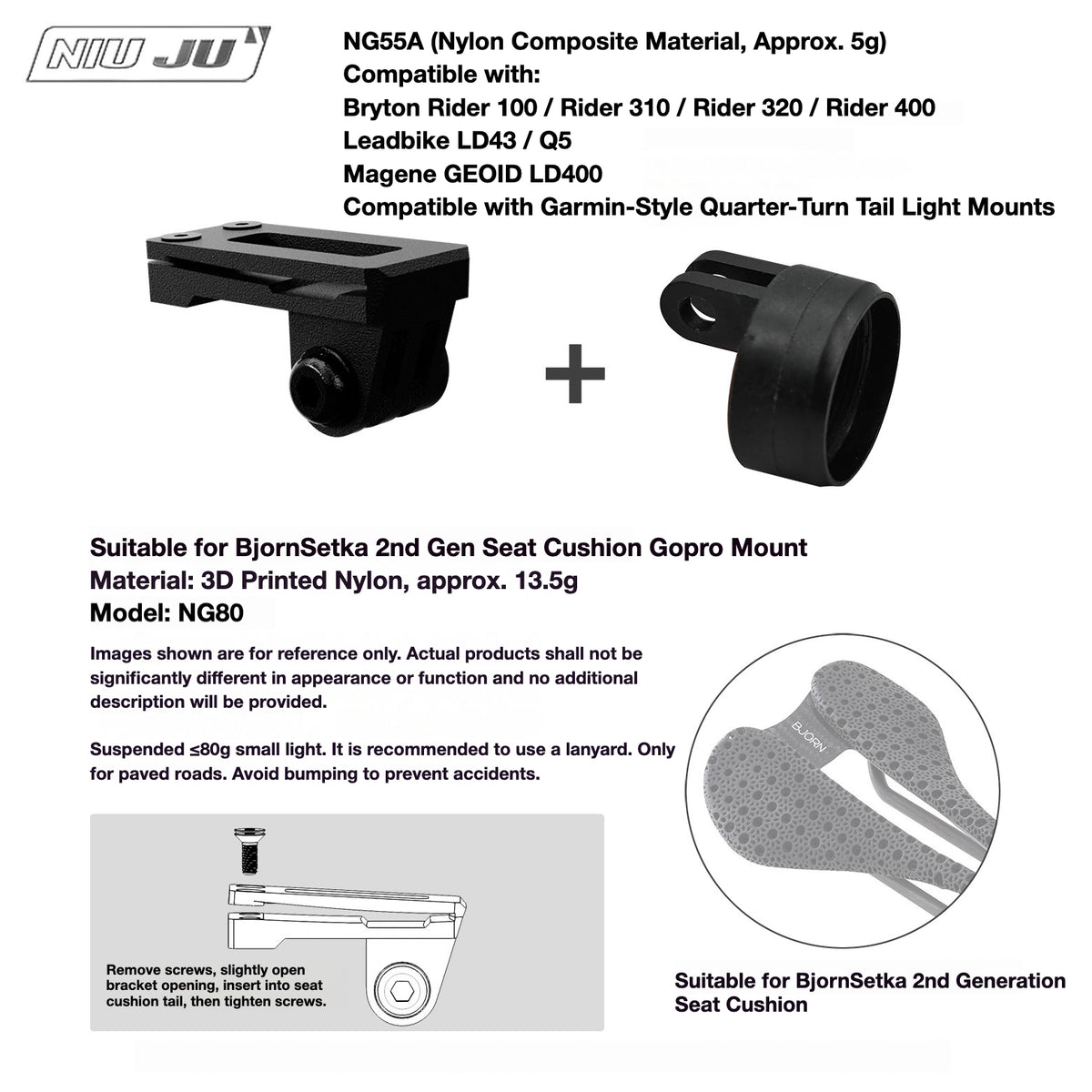 NIUJU Torque Saddle Mount for Bjorn Setka Gen 2 Saddle | GoPro Tail Light & Race Number Holder