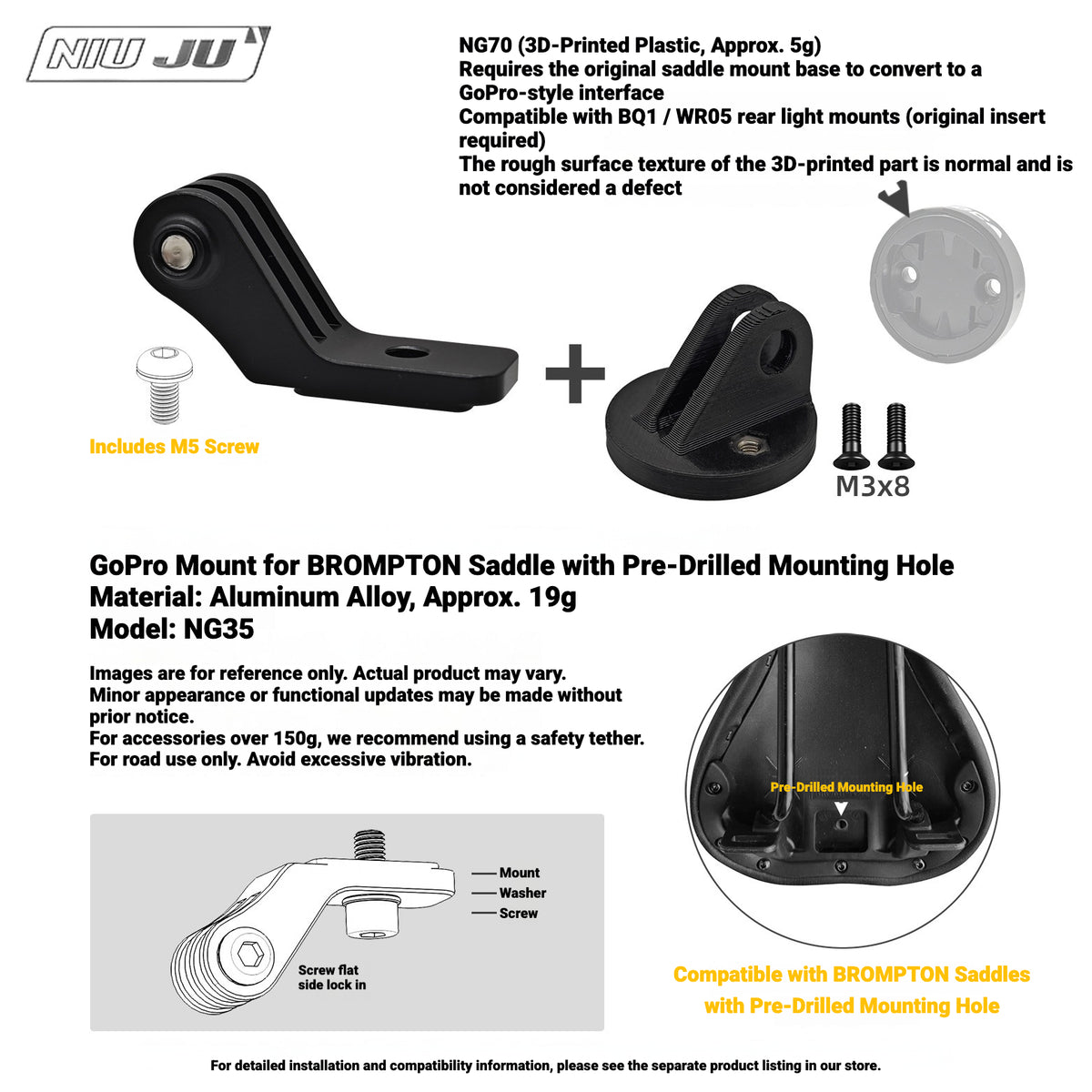 NIUJU NG70 Rear Light Adapter for MEROCA BQ1 / WR05 | GoPro-Style Mount