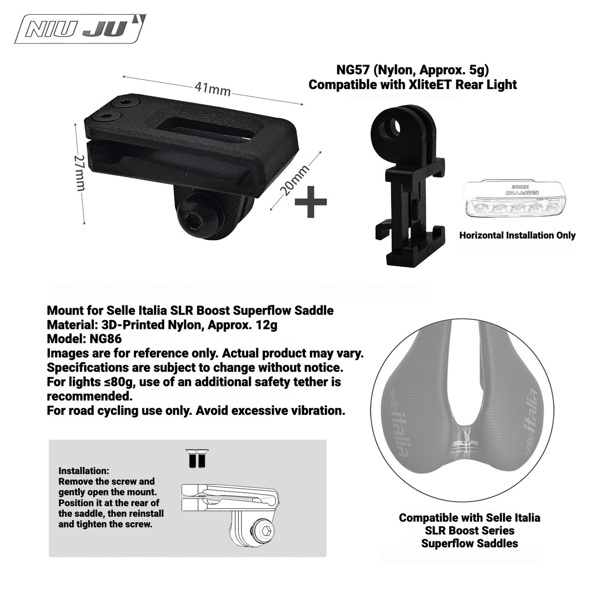 NIUJU Saddle GoPro & Rear Light Mount for Selle Italia SLR Boost Superflow | 3D Printed Nylon
