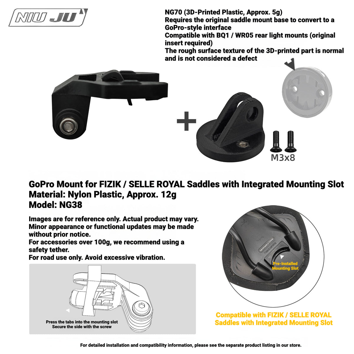 NIUJU NG70 Rear Light Adapter for MEROCA BQ1 / WR05 | GoPro-Style Mount